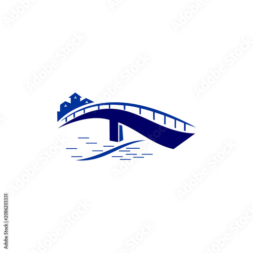 A stylized, modern vector illustration depicting an arched bridge spanning across water with a subtle city skyline silhouette in the background, representing urban connectivity, travel, and infrastruc