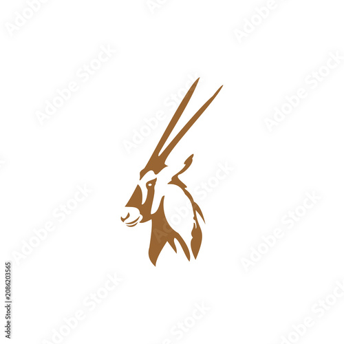 A stylized, modern vector illustration of an oryx head, characterized by its iconic long, straight horns, representing wildlife, endurance, and elegance.