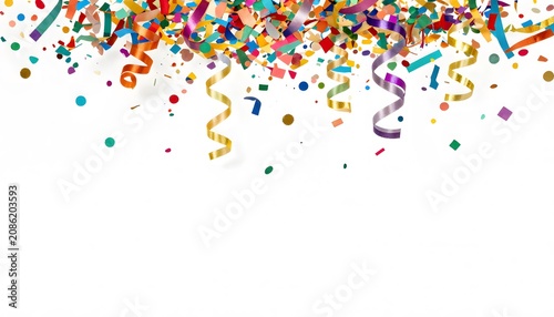 Colorful confetti and curling ribbons isolated on a transparent background.