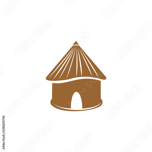 A stylized, modern vector illustration of a traditional thatched-roof hut, often associated with cultural heritage, rustic living, village life, or eco-friendly architecture.