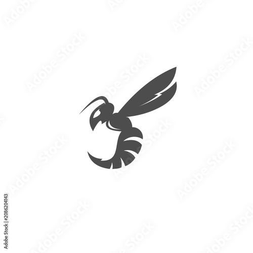 A stylized, modern vector illustration of a wasp or hornet in a dynamic flying pose, emphasizing a sharp, aggressive, and energetic silhouette.