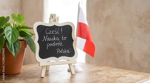 Handwritten chalk message on blackboard with potted plant and flag in bright room
