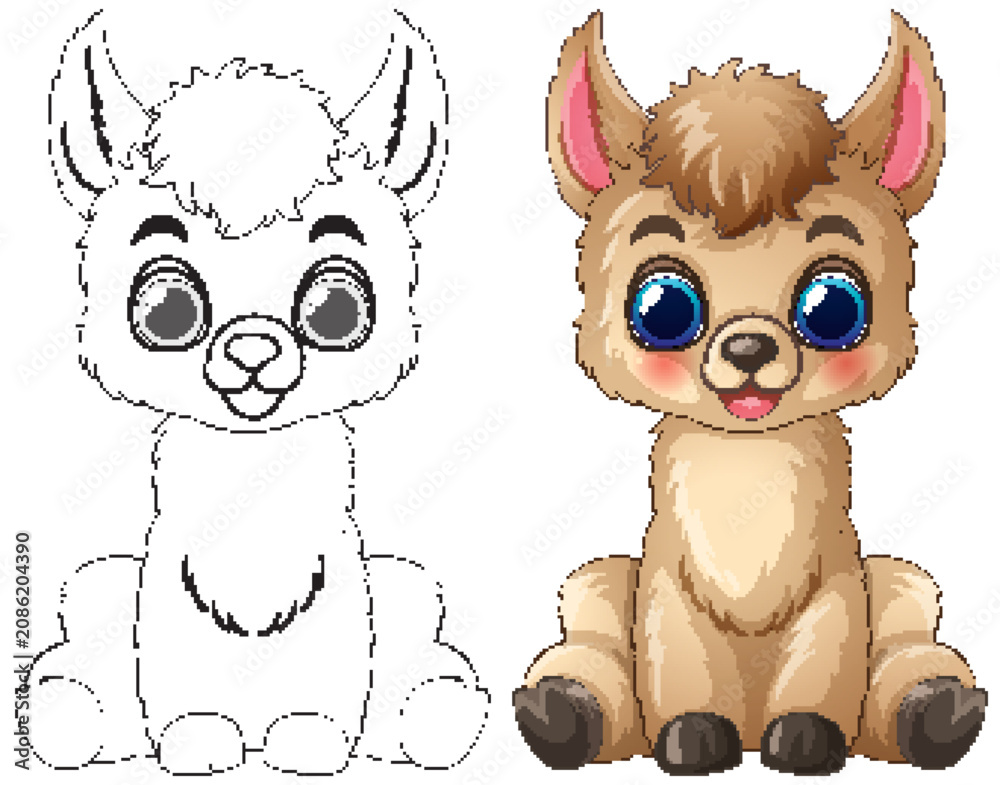 Fototapeta premium Cute Cartoon Baby Llama Vector Illustration with Line Art Version