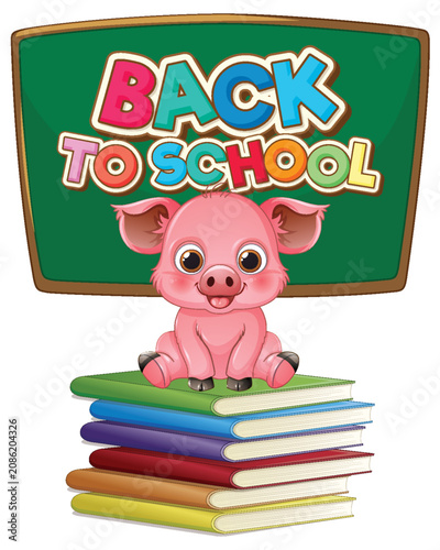 Cartoon Pig Sitting on Stack of Books with Chalkboard Background