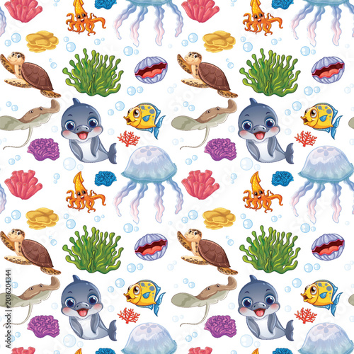 Seamless Cartoon Pattern with Friendly Marine Animals and Coral Reef Elements