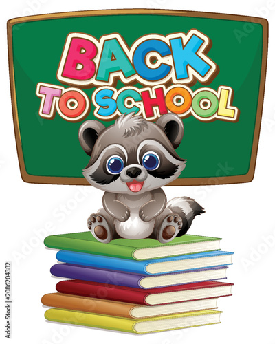 Cartoon Raccoon Sitting on Stack of Books with Chalkboard Background