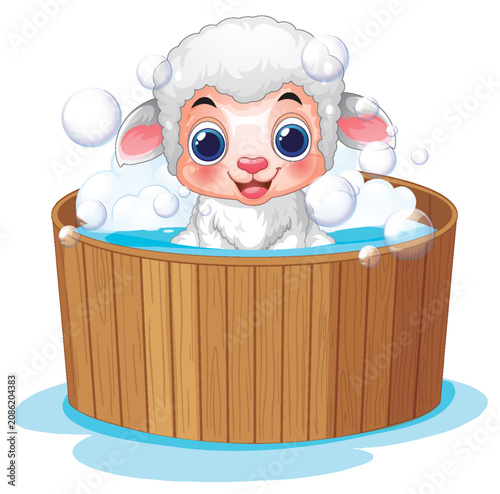 Cute Cartoon Lamb Taking a Bubble Bath in a Wooden Tub