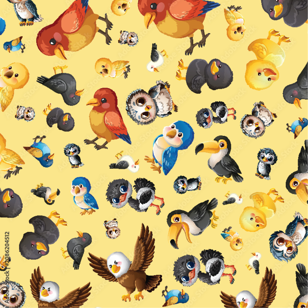 Fototapeta premium Seamless Vector Pattern of Cute Cartoon Birds on Yellow Background