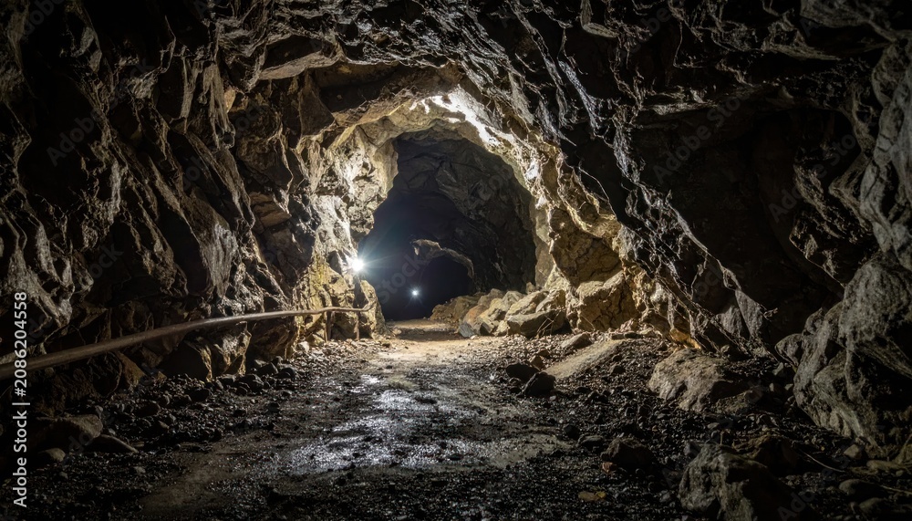 Naklejka premium Illuminated Cave Interior with Rocky Formations and Path.