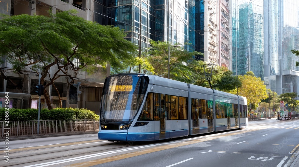 Obraz premium Modern Tram Gliding Through Urban Streets Surrounded by Skyscrapers and Lush Green Trees in a Bustling City