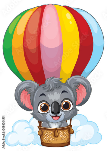 Cute Cartoon Koala Flying in a Colorful Hot Air Balloon