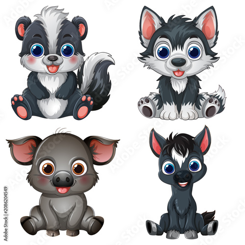 Cute Cartoon Baby Animals Set with Skunk Wolf Pig and Horse