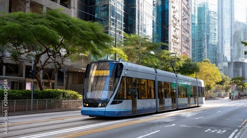 Modern Tram Gliding Through Urban Streets Surrounded by Skyscrapers and Lush Green Trees in a Bustling City