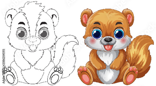 Cute Baby Squirrel Cartoon Character Coloring Page and Color Illustration