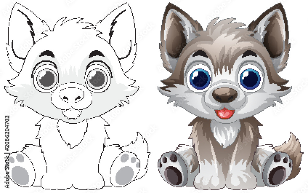 Fototapeta premium Cute Cartoon Wolf Cub Vector Illustration with Coloring Page Version