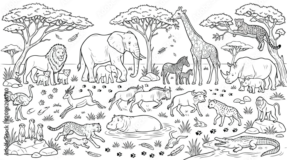 Fototapeta premium African safari animals coloring page vector, wild savanna wildlife landscape with lion elephant and giraffe, black and white outline animal scene
