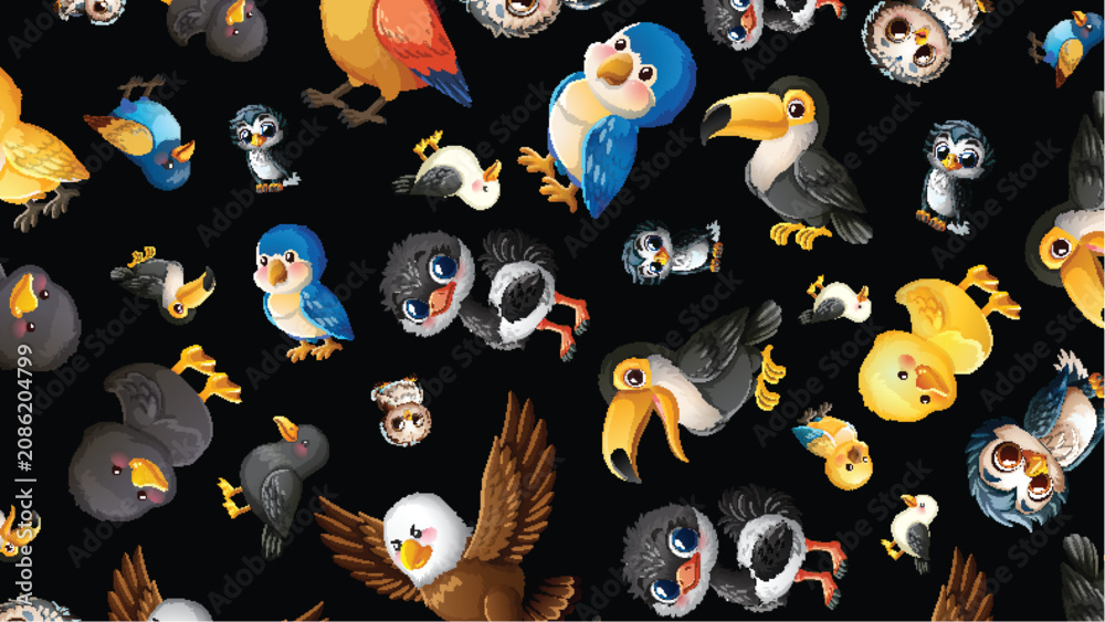 Fototapeta premium Seamless Pattern of Cute Cartoon Birds on a Black Background
