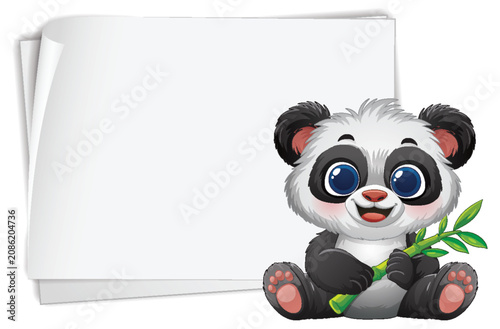 Cute Cartoon Baby Panda Sitting Next to Blank White Paper