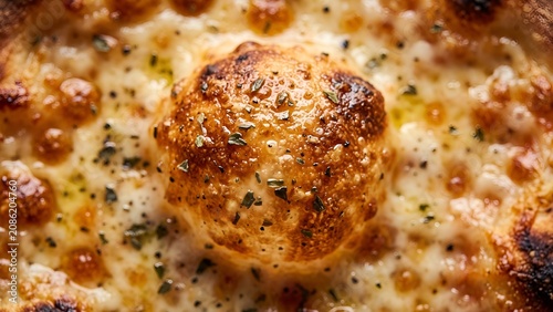 Close up shot of a delicious bubbling cheese pizza with a central dough ball.