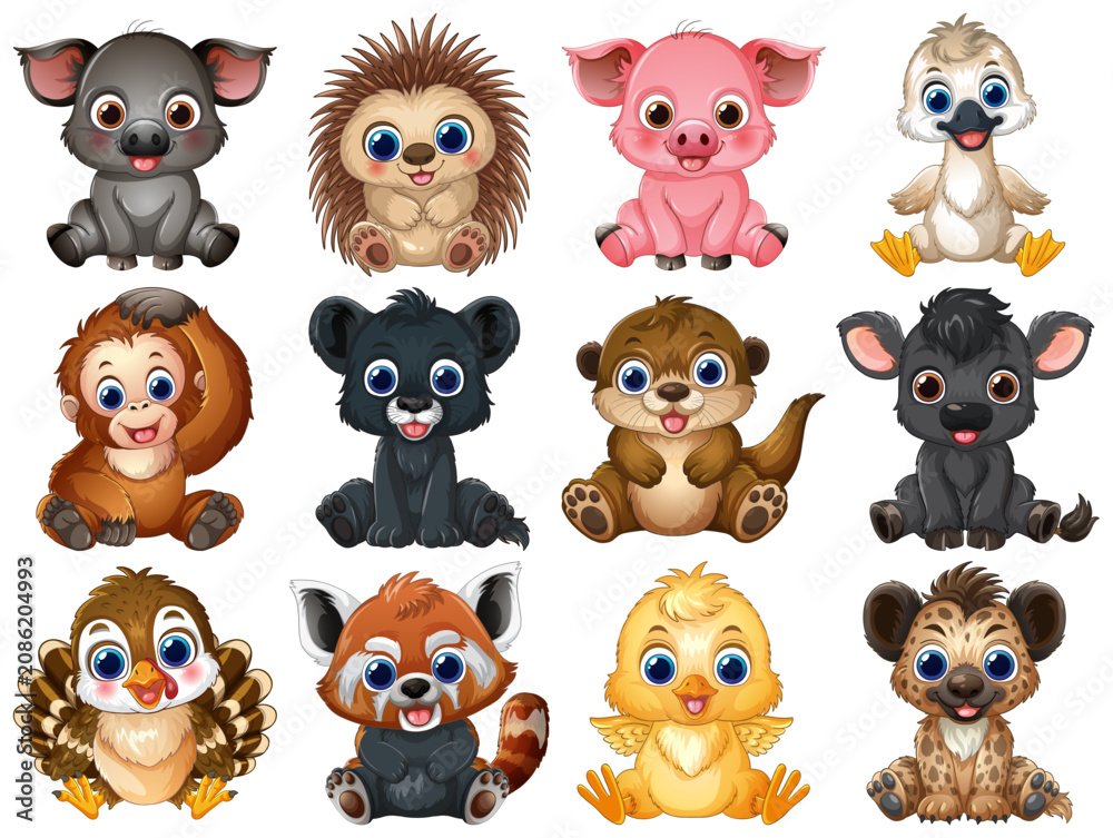 Fototapeta premium Collection of Twelve Cute Cartoon Baby Animals on White Background