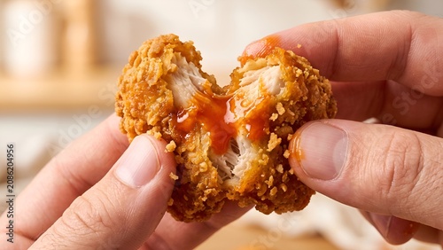 Hands holding and breaking a crispy fried chicken nugget with sauce.