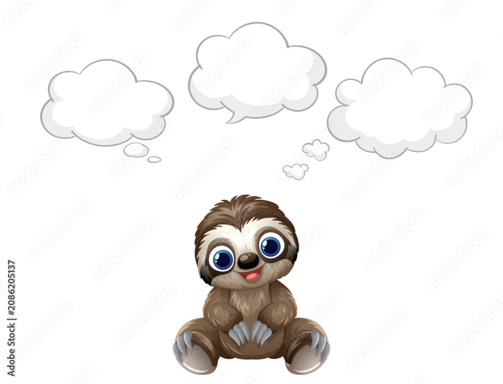 Fototapeta premium Cute Cartoon Sloth Character Thinking with Blank White Speech Bubbles