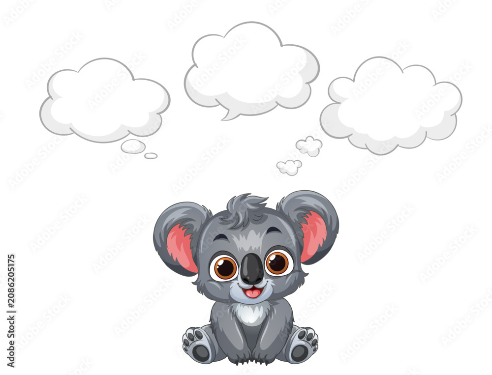 Fototapeta premium Cute Cartoon Koala Character with Blank Thought Bubbles Vector Illustration