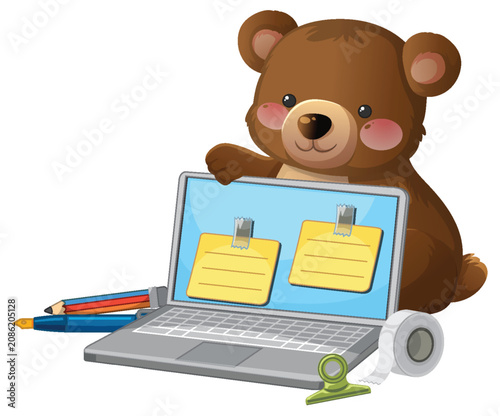 Cute Brown Bear Character Using Laptop with Office Supplies Illustration