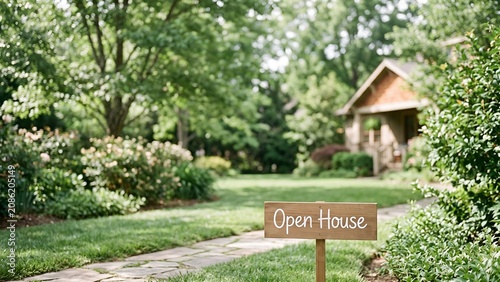 Open House wooden sign in a beautiful lush garden leading to a home.