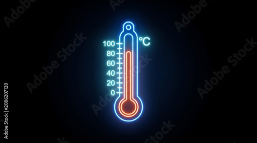 “Neon thermometer glowing red at high Celsius, futuristic scale radiates heat intensity, luminous design against dark background symbolizes rising temperature and digital measurement.”