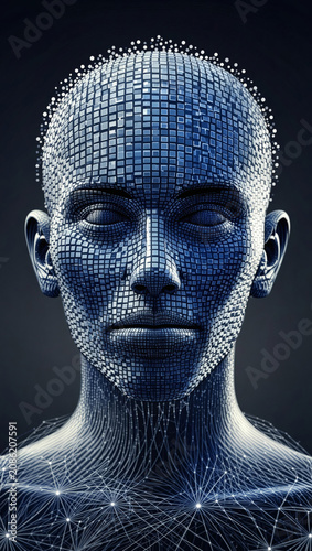 Futuristic digital human face composed of glowing data points and network particles, blue tones, representing artificial intelligence and neural connectivity