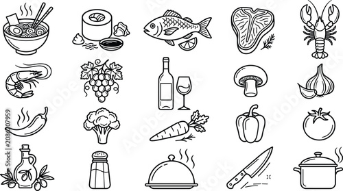 Gourmet food restaurant ingredients and culinary cooking linear icons set with outline vector elements for menu