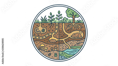 Bild auf Leinwand Cross section of soil ecosystem with plants roots and water.