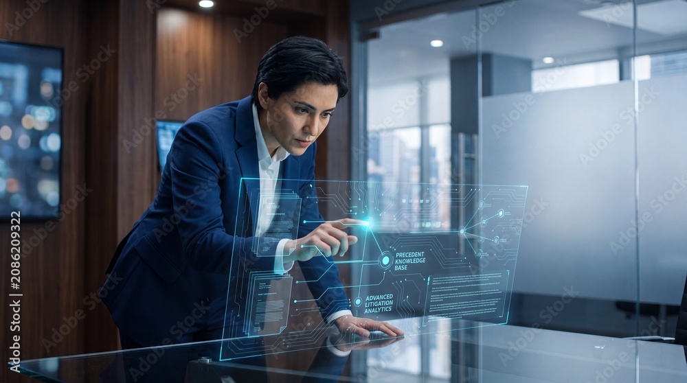 Fototapeta premium Lawyer pointing to holographic data streams in a modern professional office