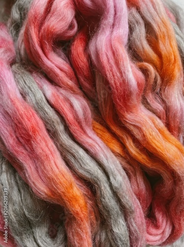 Close-up, abstract view of colorful wool roving in shades of pink, coral, orange, and grey.