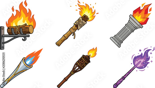 Cuadro en lienzo Medieval torch and magic wand vector illustration set featuring blazing fire sco