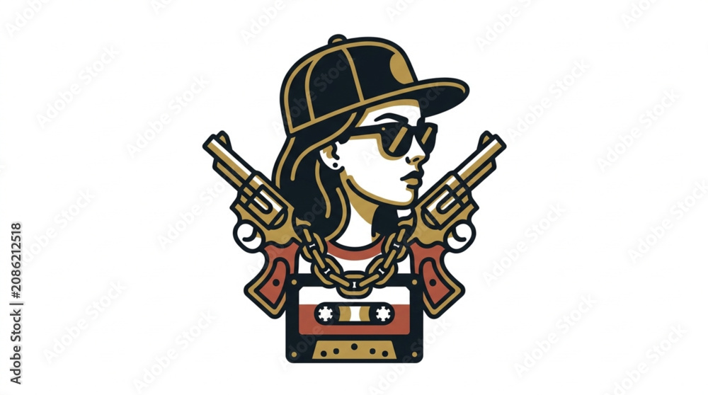Obraz premium Retro cartoon woman with guns and cassette tape.