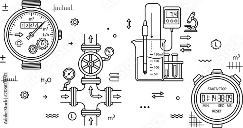 Smart water utility meter plumbing pipeline infrastructure and laboratory testing line icon set with stopwatch