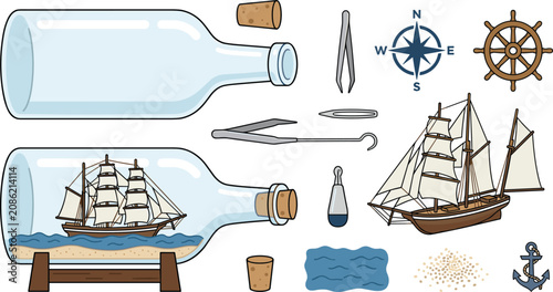 Tableau sur toile Ship in a bottle crafting vector illustration set featuring sailing ship glass b