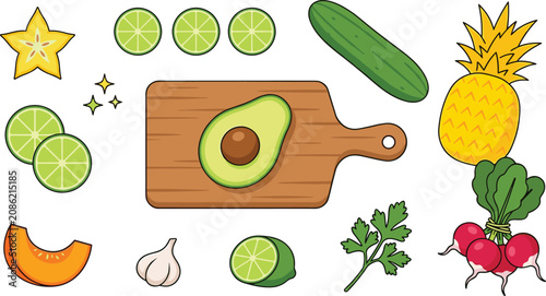 Obraz na plátně Fresh healthy food vector icon set featuring wooden cutting board avocado lime s