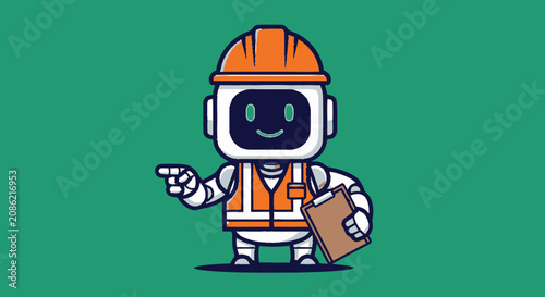 Cute Robot Construction Worker Holding Clipboard.