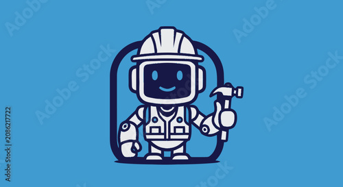 Cute Robot Construction Worker Holding Hammer Illustration.