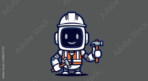 Cute Robot Construction Worker Holding Hammer Illustration.