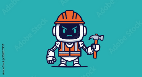 Cute Robot Construction Worker Holding Hammer Illustration.