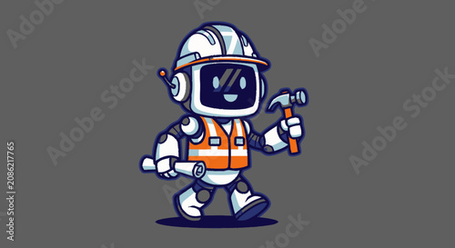 Cute Robot Construction Worker Holding Hammer Illustration.