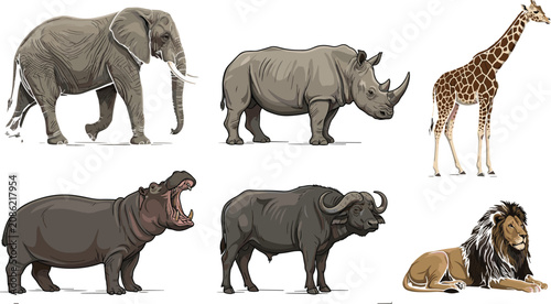 Foto African safari wild animals vector illustration set featuring elephant rhinocero