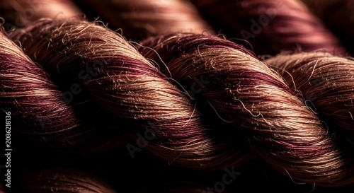 Closeup of thick rope with maroon and brown threads intertwined