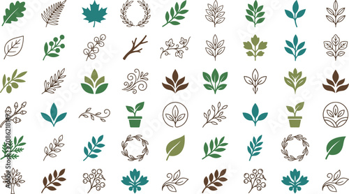 Cuadro en lienzo Botanical leaves and green branch icon mega set, nature foliage elements on whit