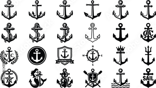 Obraz na plátně Nautical ship anchor black silhouette icon collection, vintage marine logo set o