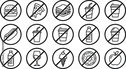 Tablou pe pânză No food and drink forbidden sign icon set, black outline vector illustrations on